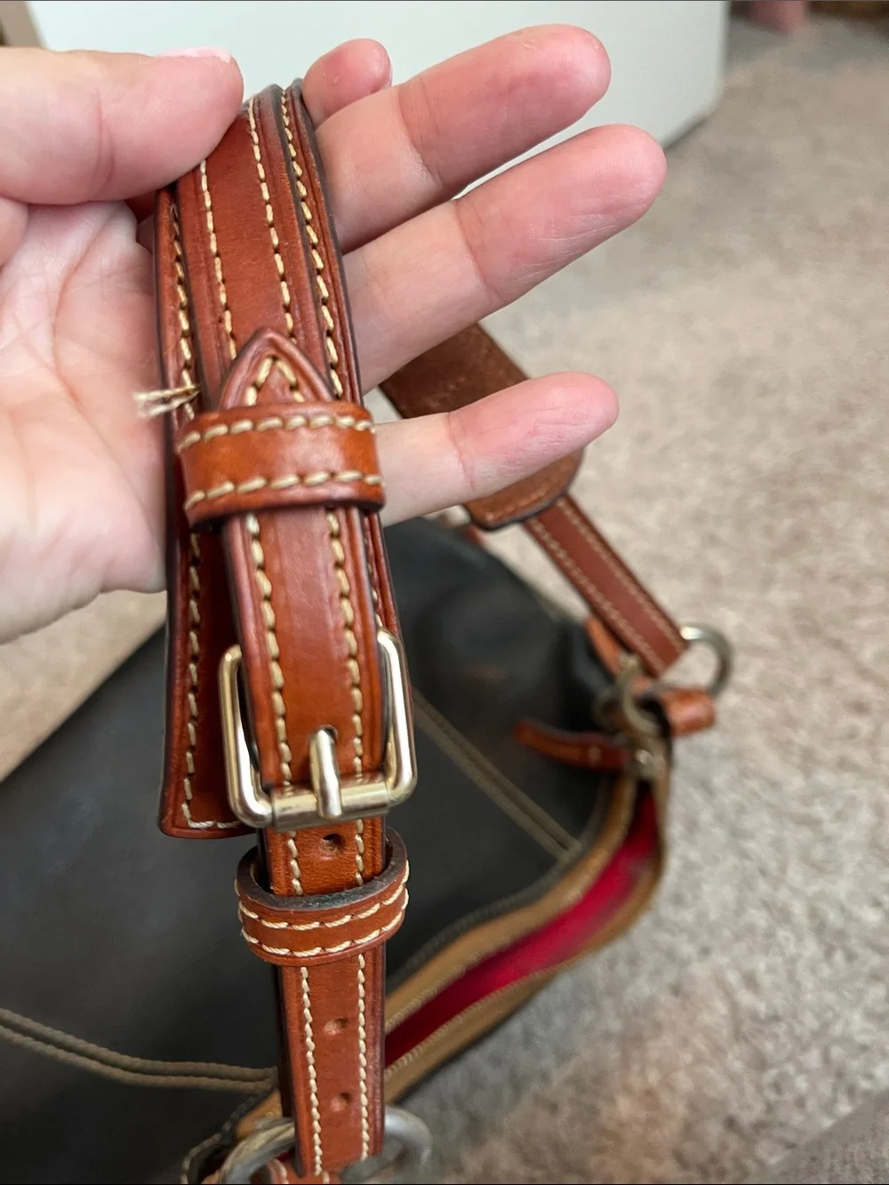 Dooney & Bourke Black Leather Shoulder Bag with Brown Trim